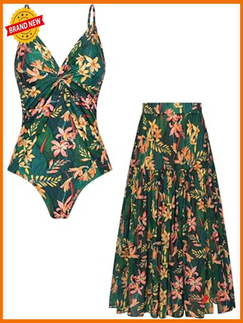 One Piece Swimsuit with Cover Up Skirt Tummy Control V Neck